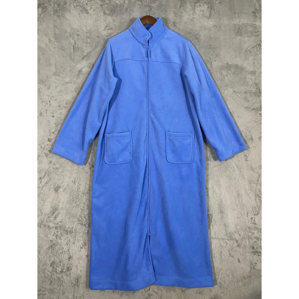 L.L.Bean Robe Sz L Blue Fleece Full Zip Mock Neck Long Housecoat Loungewear Cozy